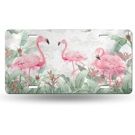 Tropical Leaves Plants Flamingos License Plate Front Car Decorative Novelty Auto Plate Car Tag Vanity Gift Metal  Plate for Women/Man 12x6 inch Wall Decor