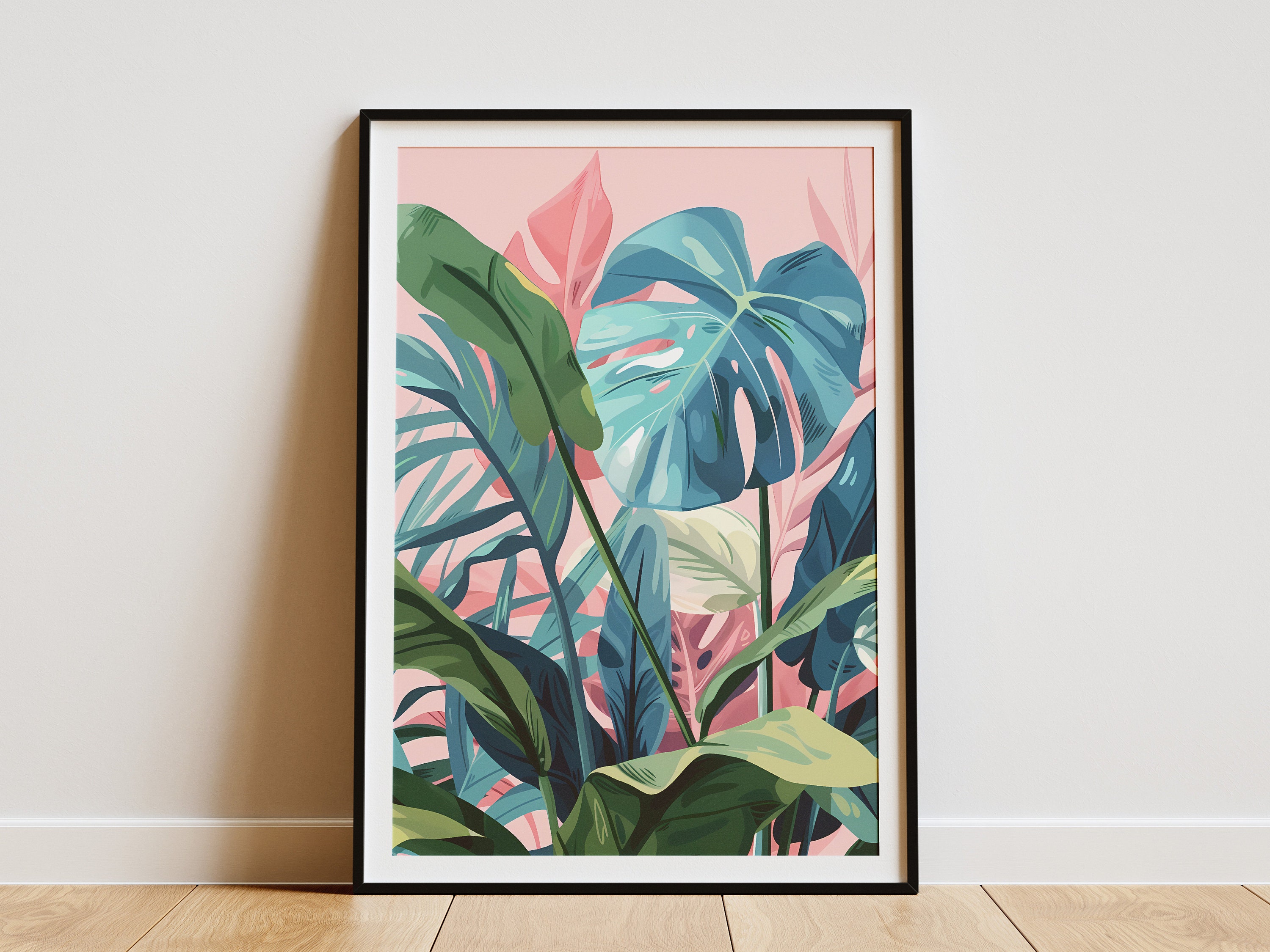 Tropical Leaves Poster Minimalist Boho Wall Art Green and Pink Plant ...