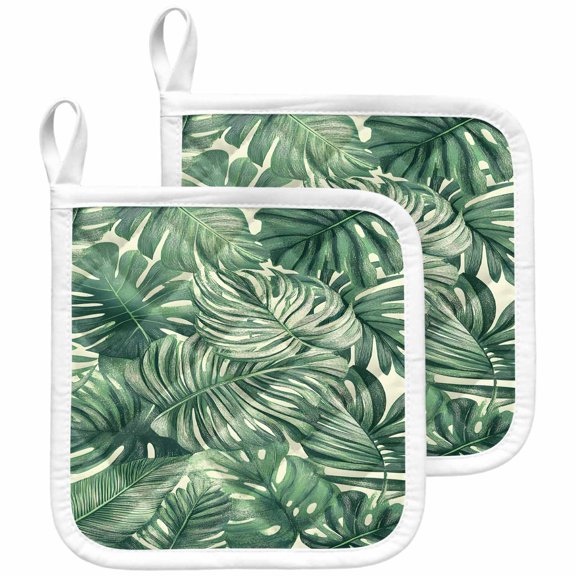 Tropical Leaves Pot Holders for Kitchen Heatproof Potholder, 2 Pack Summer Nature Botanical Palm Leaf Hot Pads Multipurpose Oven Pads Cloth Potholders Trivet for Cooking and Baking