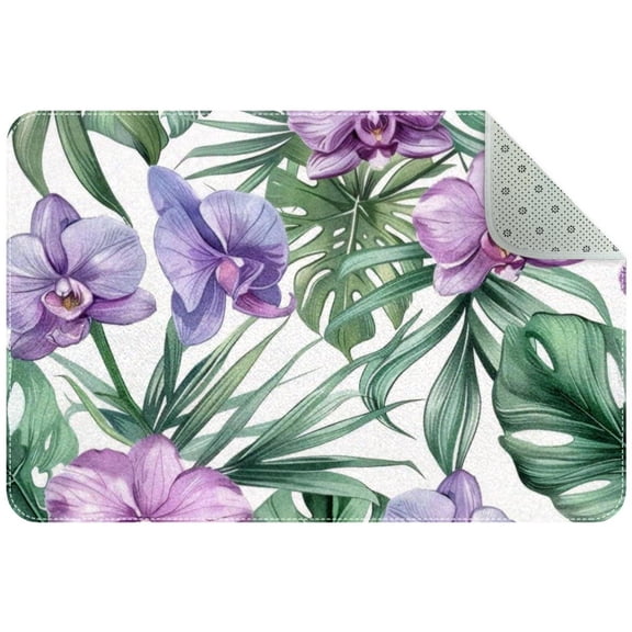 Tropical Leaves and Purple Flowers Entryway Rug, 2x3 Area Rug Indoor Door Mat Non-slip Washable Floor Carpet Rug for Bedroom Office Dining Room Bathroom
