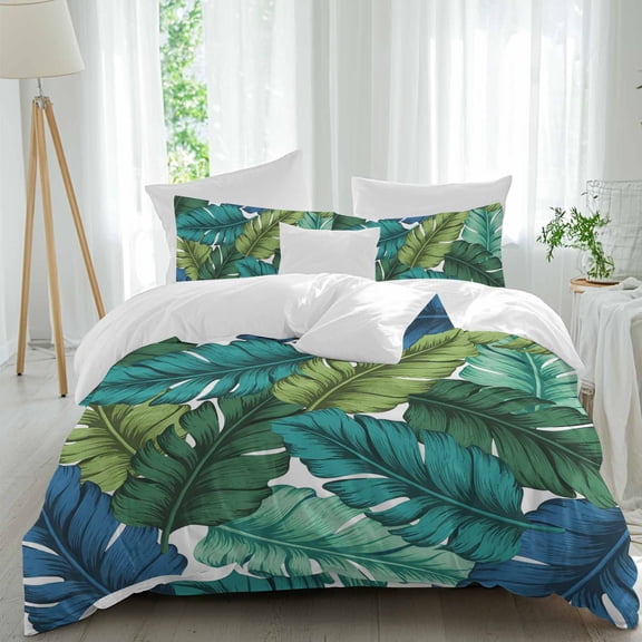 Tropical Leaves Queen Size Comforter Set, Leaf Pattern Lime Green Teal Blue Plants Bedding for All Seasons, 4 Pcs Bed Set, 1Quiltcover (90"x92") ,1Sheet(94"x116"), 2Pillowcases (30"x20")