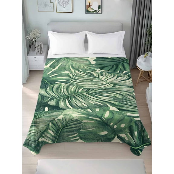 Tropical Leaves Queen Size Flat Sheet, Wrinkleproof & Fadeproof Cooling Flat Bed Sheet Only, Summer Nature Botanical Palm Leaf Breathable Soft Bedding Top Sheets 90 x 102 Inches