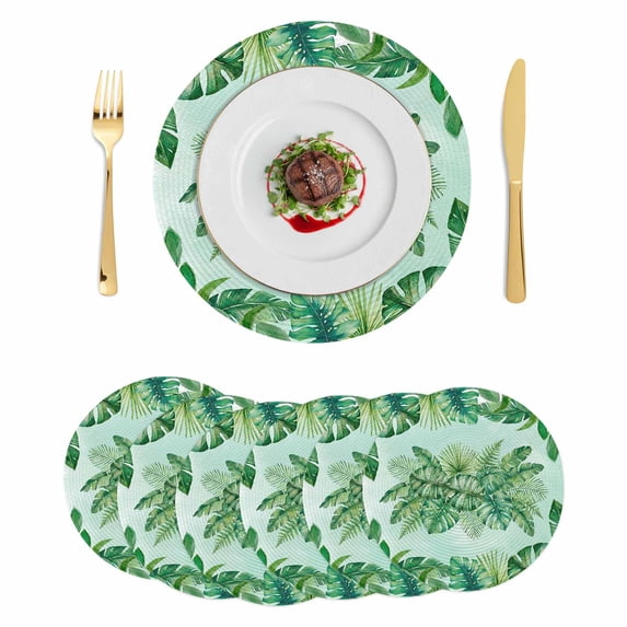 Tropical Leaves Round 13 Inch Placemats Set of 6, Watercolor Monstera Palm Leaf Botanical Green HeatResistant Non Slip Place Mats for Dining Table, Wipeable Kitchen Table Mats for Housewarming
