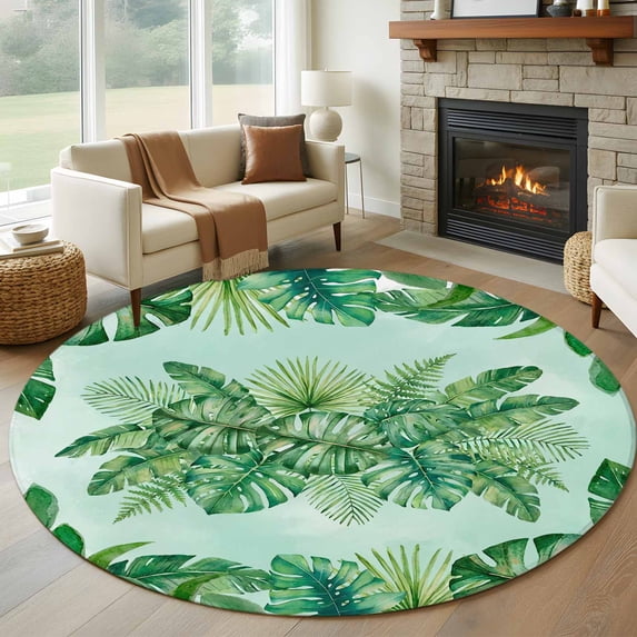 Tropical Leaves Round Area Rug 7Ft Washable Circle Rugs for Dorm Laundry Room, Watercolor Monstera Palm Leaf Botanical Green Non-Slip Carpet Floor Mats Indoor Outdoor Carpet Runner Home Decor