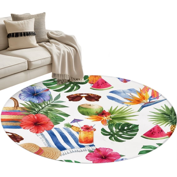 Tropical Leaves Round Rug 4ft Washable Circle Entryway Rugs Non Slip Summer Coastal Flowers Coconut Watermelon Area Rug Indoor Floor Carpet for Bedroom Kitchen Living Room Home Office Dining Room