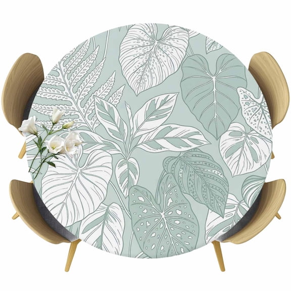 Tropical Leaves Round Tablecloth 36-44 Inch Round Fitted Table Cloth with Elastic Edge, Light Green Monstera Palm Leaf Botanical Waterproof Table Cover Protector for Outdoor Picnic Party Dining
