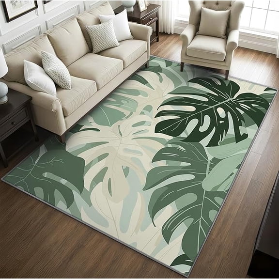 Tropical Leaves Rugs for Living Room, Monstera Rug, Jungle Botanical Rug for Living Room, Green Leaf Hawaii Washable Bedroom Carpet, Monstera Home Decor & Gifts 2 x 3ft