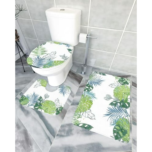 Tropical Leaves Rustic Bath Mat 3 Piece Bathroom Rug Set Non Slip Bath