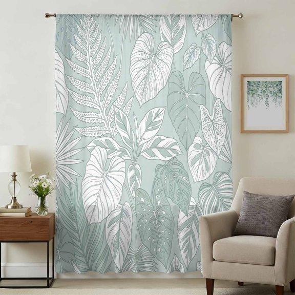 Tropical Leaves Sheer Curtains 45 Inches Long for Bedroom, Light Green Monstera Palm Leaf Botanical Light Filtering Privacy Drapes, Breathable Semi Sheer Short Window Treatment for Cafe Bathroom