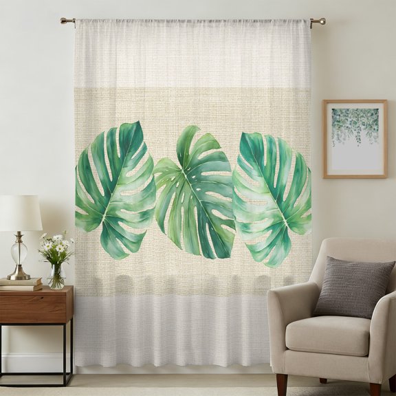 Tropical Leaves Sheer Curtains 45 Inches Long for Bedroom, Palm Leaf Summer Botanical Rustic Light Filtering Privacy Drapes, Breathable Semi Sheer Short Window Treatment for Kitchen Cafe Bathroom