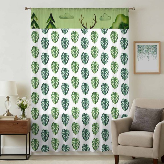 Tropical Leaves Sheer Curtains 45 Inches Long, Green Monstera Palm Leaf Trees Botanical Light Filering Curtains, Breathable Simi Curtain Privacy Drapes for Kitchen Bathroom Small Window Treatment