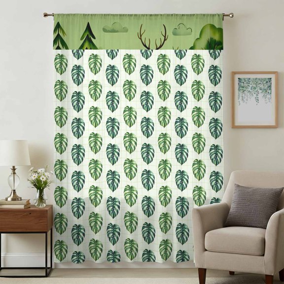 Tropical Leaves Sheer Curtains 45 Inches Long, Green Palm Monstera Leaf Trees Plants Beige Light Filering Curtains, Breathable Simi Curtain Privacy Drapes for Kitchen Bathroom Small Window Treatment