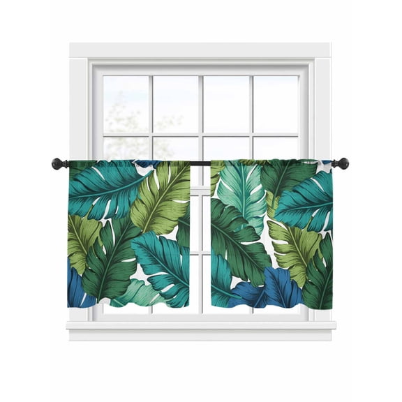 Tropical Leaves Sheer Curtains 54 Inch Long 2 Panels, Leaf Pattern Lime Green Teal Blue Plants Light Filtering Rod Pocket Semi Sheer Curtains, Sheer Voile Drapes for Living Room Bedroom, 52"x54"