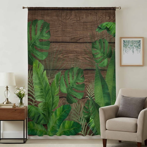 Tropical Leaves Sheer Curtains 72 Inches Long, Summer Botanical Monstera Leaf Wooden Brown Light Filering Curtains, Breathable Simi Curtain Privacy Drapes for Living Room Bedroom Window Treatment