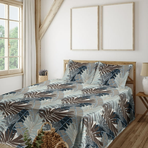 Ambesonne Tropical Leaves Fitted & Flat Sheet with Shams 4 Pcs Set, Aloha Vibes Leaf, King, Almond Green Warm Taupe
