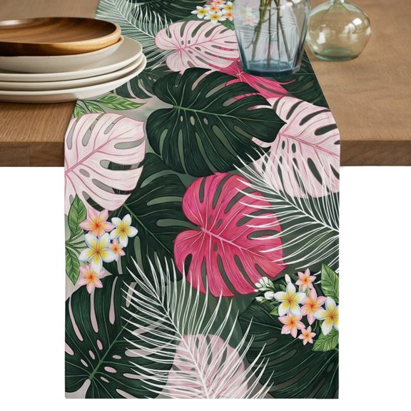 Tropical Leaves Short Table Runner 36 Inches Long,Rustic Green Pink Palm Monstera Leaf Cotton Linen Table Runners Dresser Scarves,Fabric Tabletop Scarf Furniture Cover for Home Dinner Party 13"x36"