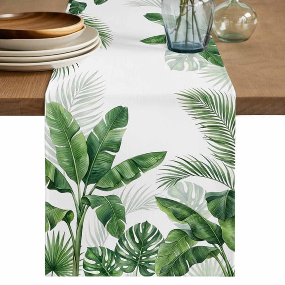 Tropical Leaves Short Table Runner 36 Inches Long,Summer Green Botanical Plants Branches Cotton Linen Table Runners Dresser Scarves,Fabric Tabletop Scarf Furniture Cover for Home Dinner Party 13"x36"