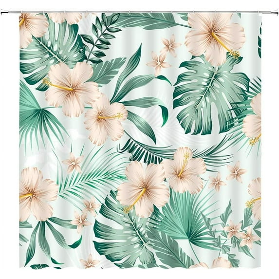 Tropical Leaves Shower Curtain Beige Floral Plant Green Palm Monstera Leaf Hawaiian Hibiscus Plumeria Flower Botanical Sage Nature Spring Fabric Home Bathroom Decor Set with Hooks(36" WX70 H)