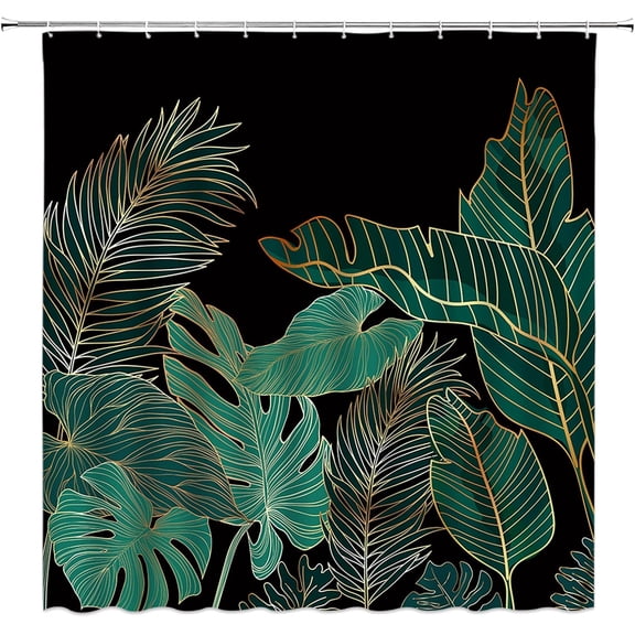 Tropical Leaves Shower Curtain Black Green Gold Palm Banana Monstera Leaf Plant Botanical Jungle Rainforest Nature Modern Aesthetic Bathroom Decor Fabric Bathroom with Hook-72"W x 72"L (Pack of 1)