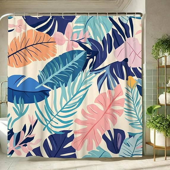 Tropical Leaves Shower Curtain, Colorful Peach Blue Leaf Bath Curtain For Bathroom Decor, Summer Modern Bohemian Waterproof Fabric Shower Curtain Set With Hooks 36"W x 72"L
