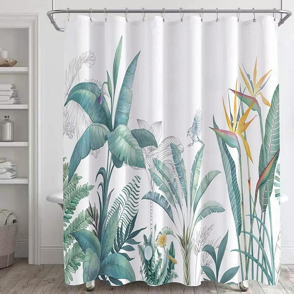 Tropical Leaves Shower Curtain,Green Banana Tree Leaf Shower Curtains for Bathroom Showers and Bathtubs,Modern Minimalist White Bath Curtain, Waterproof Fabric 72x72 Inches