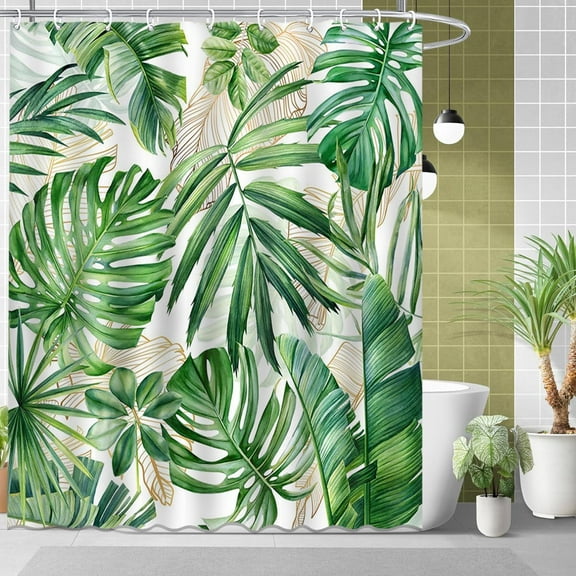 Tropical Leaves Shower Curtain Set Plam Monstera Shower Curtain for Bathroom Summer Hawaii Jungle Shower Curtain with 12 Hooks,72x72 Inches