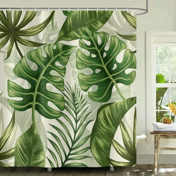 Tropical Leaves Shower Curtains Green Plant Botanical Bathroom Curtains Bathtub Home Decor Machine Washable Waterproof Fabric with 12 Hooks 72L*72W inch