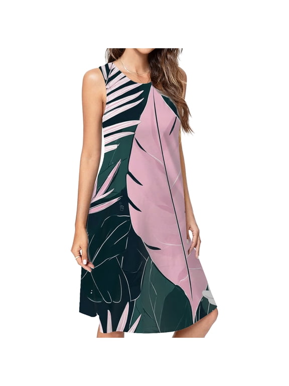 Tropical Leaves Spring Summer Dresses For Women Fashion Dress Casual Sleeveless Loose Sundress With Pockets