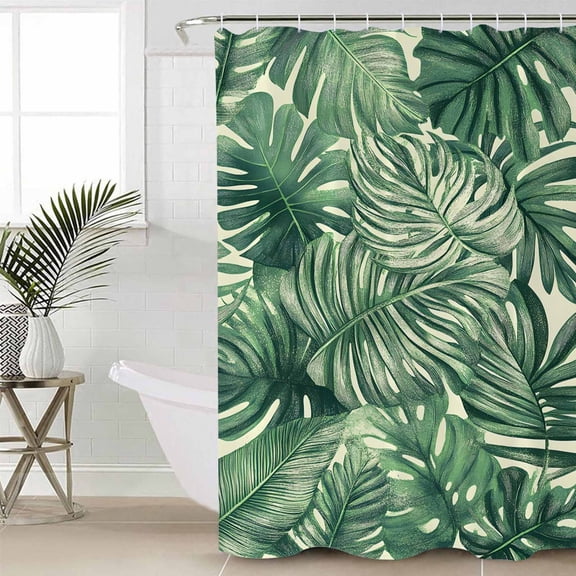 Tropical Leaves Standard Shower Curtain Set, Waterproof Shower Curtains for Bathroom, Summer Nature Botanical Palm Leaf Washable Fabric Cloth Bath Curtain for Bathtub with Hooks 72x72 Inches