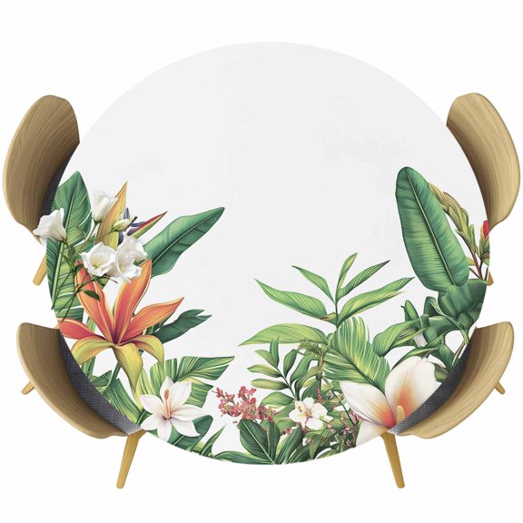 Tropical Leaves Summer Round Tablecloth 36-44 Inch Round Fitted Table Cloth with Elastic Edge, Watercolor Floral Green Leaf Waterproof Table Cover Protector for Outdoor Picnic Party Dining