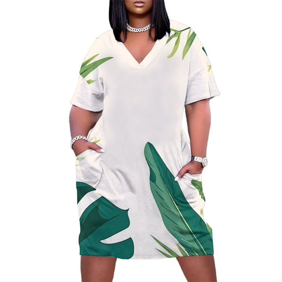 Tropical Leaves Summer Sundress for Curve Women Casual Pattern Plus Size V Neck Short Sleeve Loose Fit Oversize Dresses