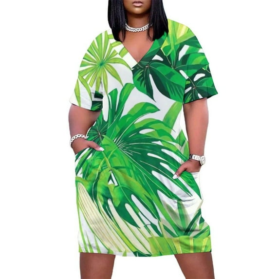 Tropical Leaves Summer Sundress for Curve Women Casual Pattern Plus Size V Neck Short Sleeve Loose Fit Oversize Dresses