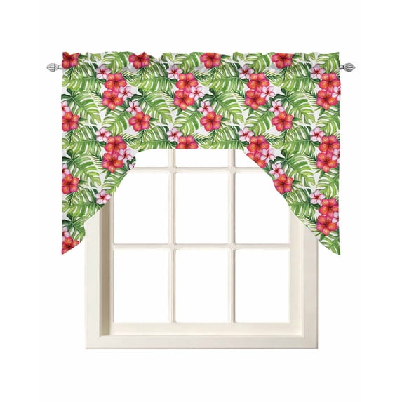 Tropical Leaves Swag Valances for Windows, Small Curtains Drapes, Summer Green Pink Flower Floral Kitchen Window Curtains Over Sink Rod Pocket Window Treatment Valance for Bedroom/Bathroom 56"x36"