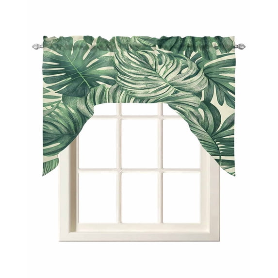 Tropical Leaves Swag Valances for Windows, Small Curtains Drapes, Summer Nature Botanical Palm Leaf Kitchen Window Curtains Over Sink Rod Pocket Window Treatment Valance for Bedroom/Bathroom 56"x36"