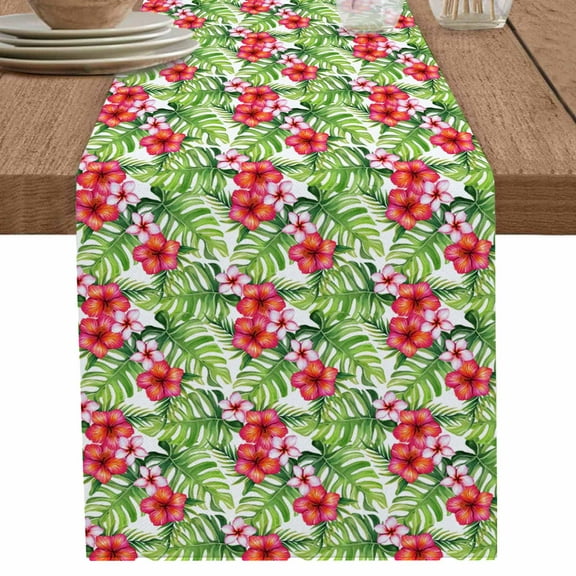 Tropical Leaves Table Runner 120 Inches Long for Dining Table Decor,Summer Green Pink Flower Floral Burlap Linen Farmhouse Table Runner Coffee Table Runners Dresser Scarf for Kitchen Party Holiday