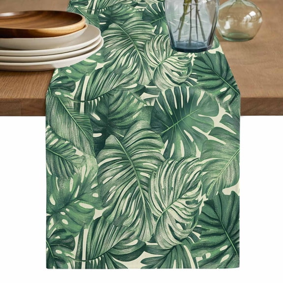 Tropical Leaves Table Runner, Summer Nature Botanical Palm Leaf Washable Cotton Linen Table Runners 36 Inches Long, Dresser Scarf Runner for Nightstand/End Tables/Round Tables 13''x36''