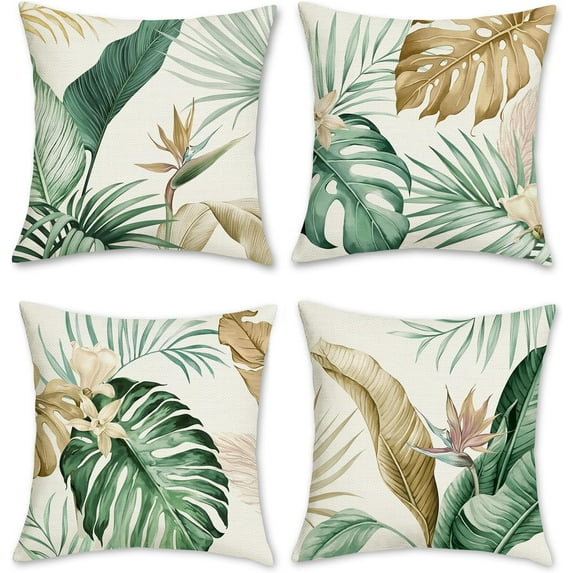 Tropical Leaves Throw Pillow Covers 18 x 18 Inch Green Brown Leaf Decorative Pillow Cases Polyester Linen Outdoor Cushion Covers for Sofa Bed Home Decor Set of 4