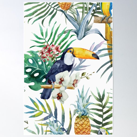 Tropical Leaves Tukan Watercolor Poster Wall Art, Modern Wall Decor For Living Room Bedroom, 8x12 UNFRAMED
