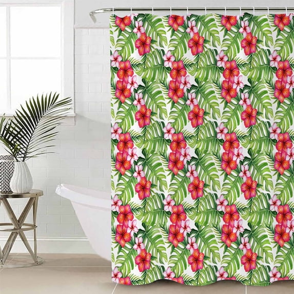 Tropical Leaves Waterproof Fabric Shower Curtain, Summer Green Pink Flower Floral Shower Curtain for Bathroom Curtains Bathtubs Hotel Washable Shower Curtains with 12 Hooks Standard 72x72