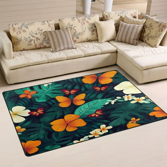 Tropical Leaves and Butterflies Soft Polyester Area Rug 31''x20'', Non Slip, Memory Foam, Water Absorbent