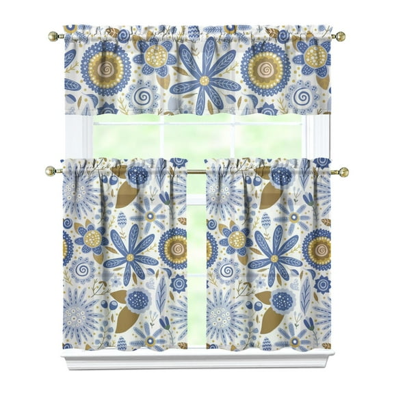 Tropical Leaves and Flower Kitchen Curtains 3-Piece Set Rod Pocket Design