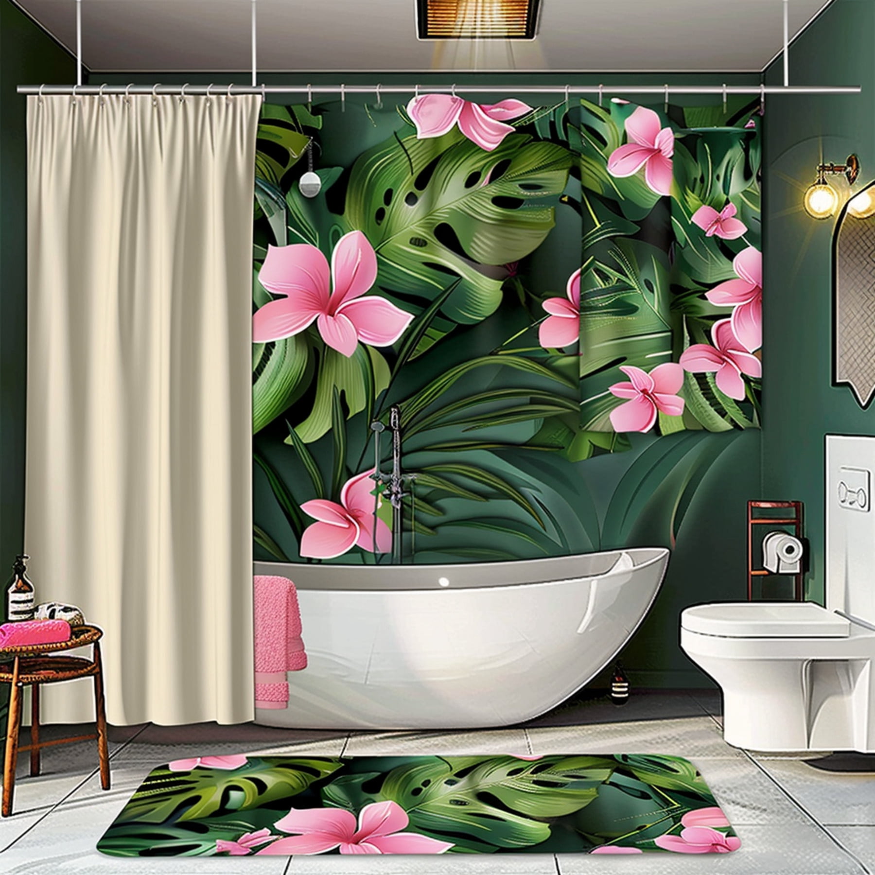 Tropical Leaves and Pink Flower Shower Curtain Set Nature Style