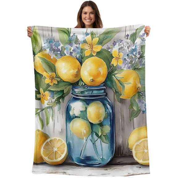 Tropical Lemon Blanket Soft Cozy Warm Throw Blanket for Couch, Plush Fuzzy Flannel Fleece Blankets for Sofa, Vintage Summer Botanical Bed Blankets Lightweight Gifts for Women, 50"x60"