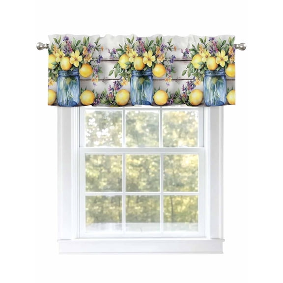Tropical Lemon Curtain Valances for Windows, Summer Floral Blooms Botanical Kitchen Valance Window Treatment, Light Filtering Block Curtains for Bathroom/Bedroom/Living Room 42'' x 12''
