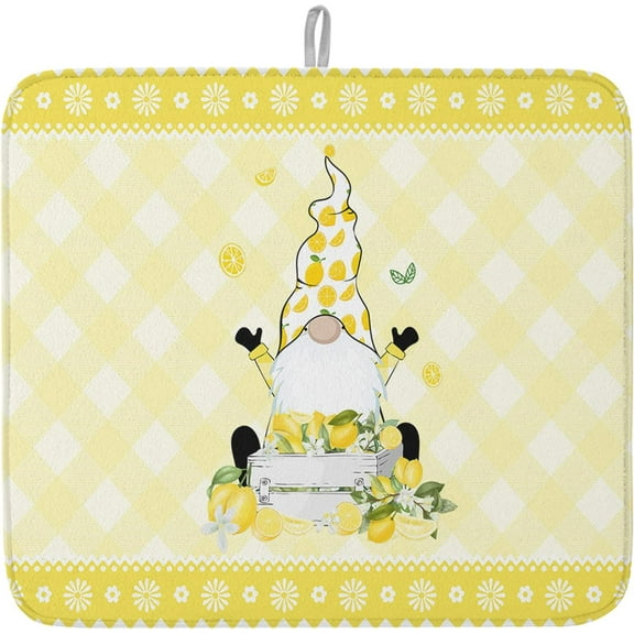 Tropical Lemon Gnome Dish Drying Mats for Kitchen Counter,Yellow Buffalo Plaid Microfiber Absorbent Dish Drainer/Rack Mat, Hangding Quick Drying kitchen Drying Mat,16x18inch Machine Washable