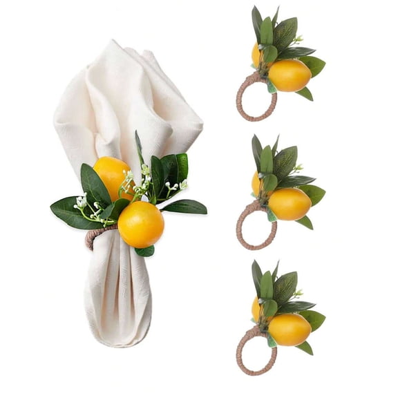 Tropical Lemon Napkin Rings With Green Leaves, 12pcs Set For Table Decor
