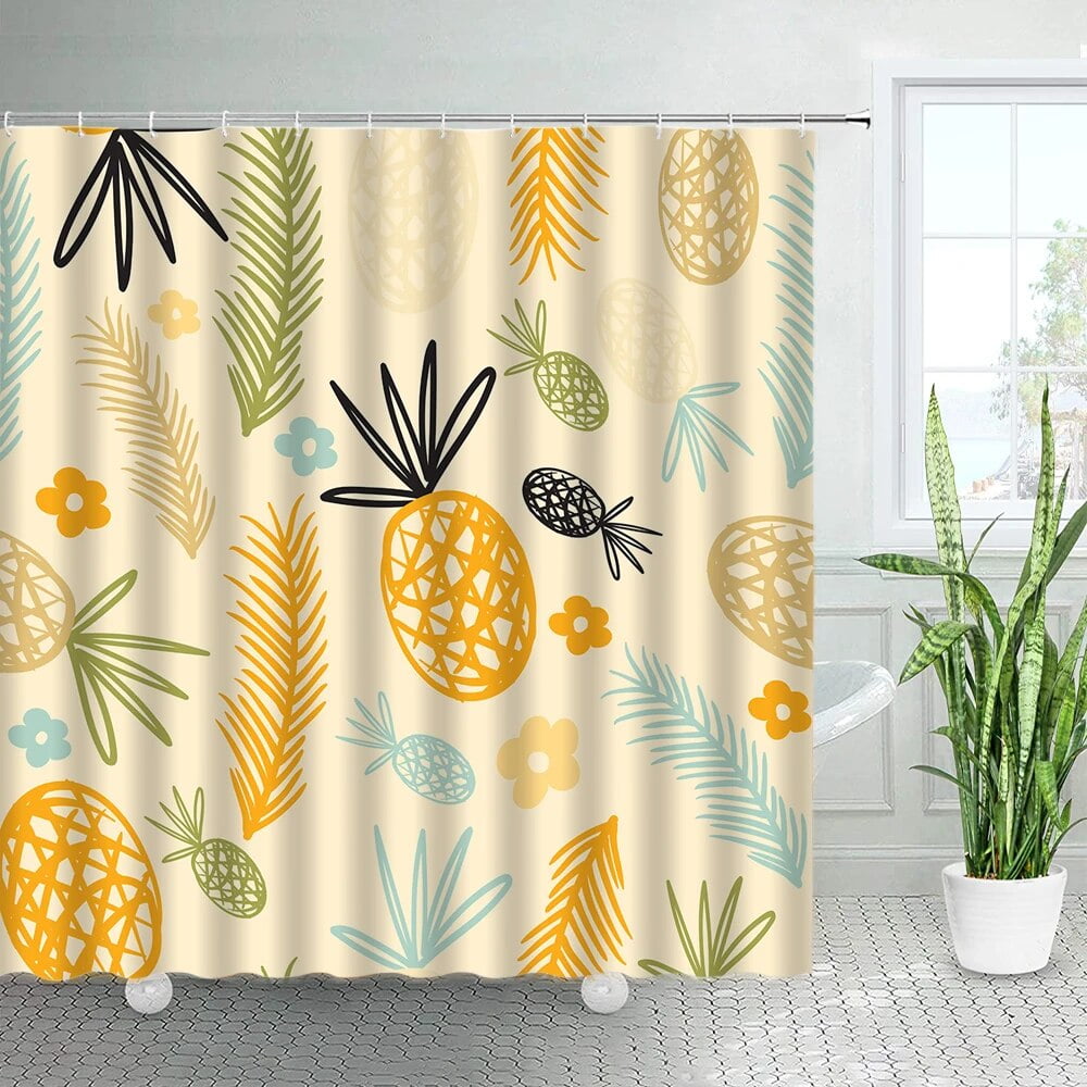 Tropical Lemon Shower Curtain Watercolor Green Leaves White Flowers ...