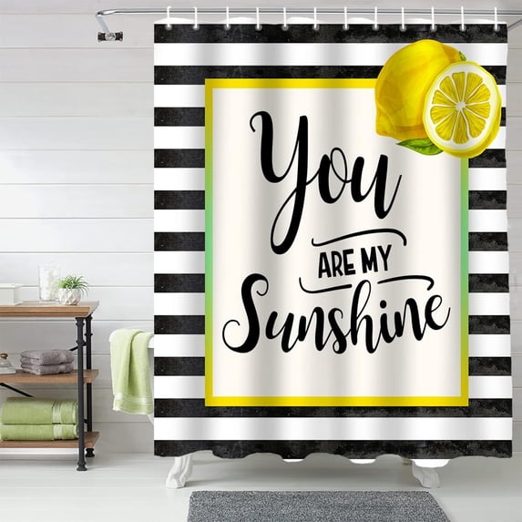 Tropical Lemon Striped Shower Curtain, Summer Fruit Black White Shower Curtain Set with Hooks, Spring Summer Waterproof Fabric Shower Curtains for Bathroom Decor, 36x72 Inch Bath Curtain