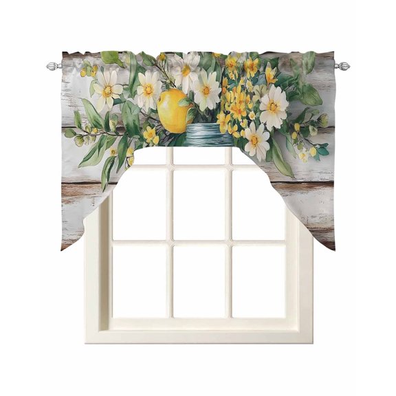 Tropical Lemon Summer Kitchen Swag Valances for Windows, Rustic Botanical Wooden Swag Valances Curtains for Living Room, Rod Pocket Window Treatments for Bathroom, Bedroom, Cafe, 56"x36"