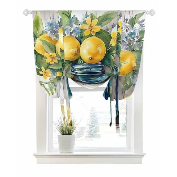 Tropical Lemon Tie Up Curtains for Window, Thermal Insulated Balloon Shade Adjustable Rod Pocket Curtains Valance Panels for Kitchen Bathroom Cafe 46 x 63 Vintage Summer Botanical